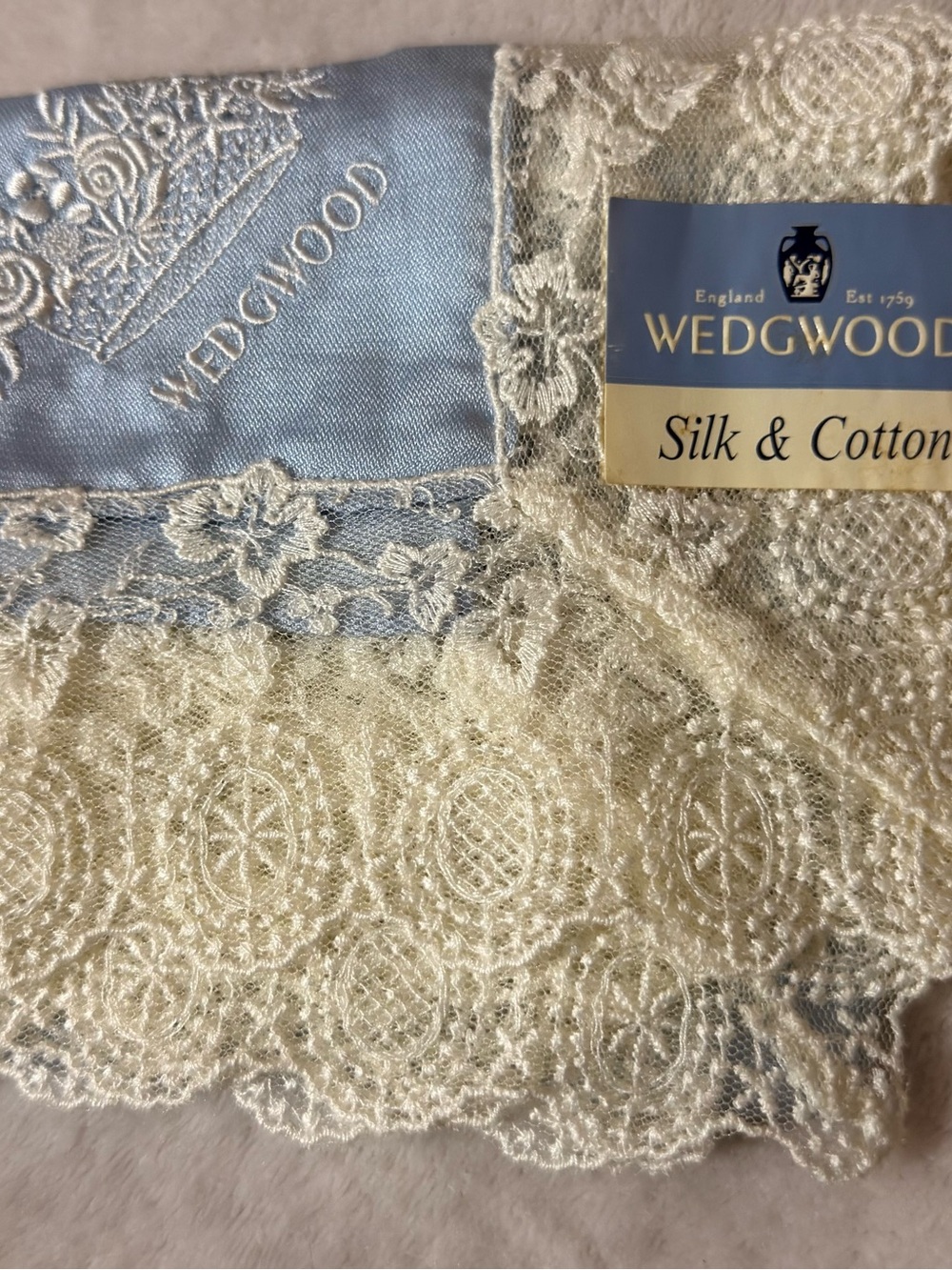 Wedgwood Blue and Ivory Lace Silk & Cotton Scarf